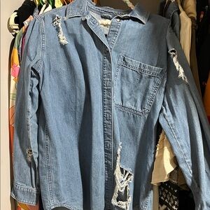 Moto Distressed Denim Button-Down Shirt – Oversized Utility Style (Size 6)